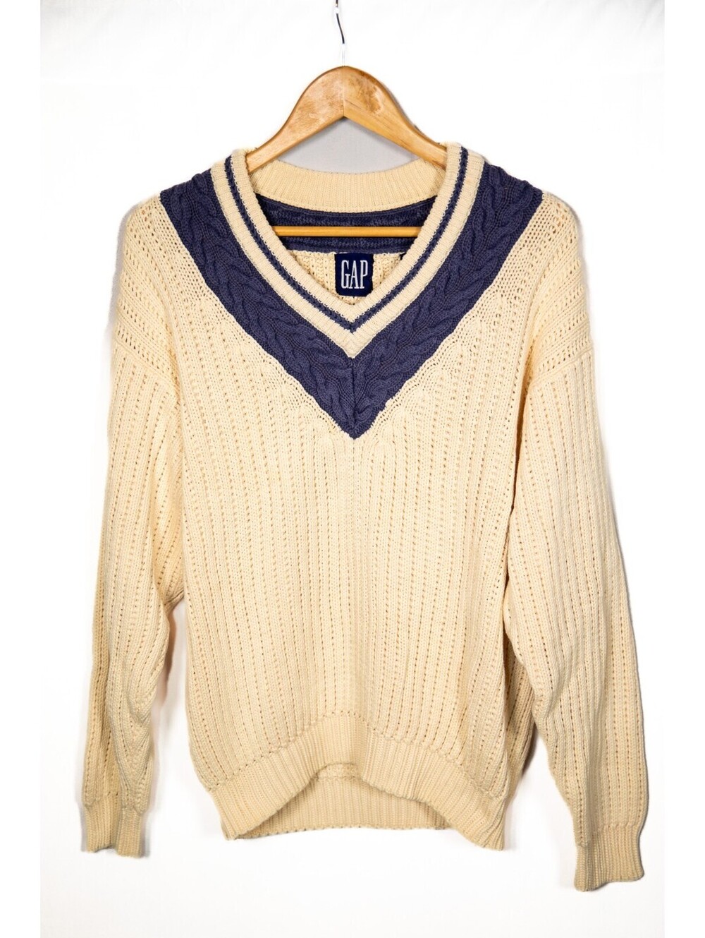 GAP Vintage Cable Knit Cricket Sweater V-Neck 90s Oversized Fit - Men's M